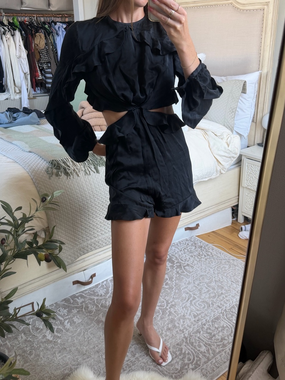 Zimmermann Black Long-Sleeve Cutout Ruffle Romper